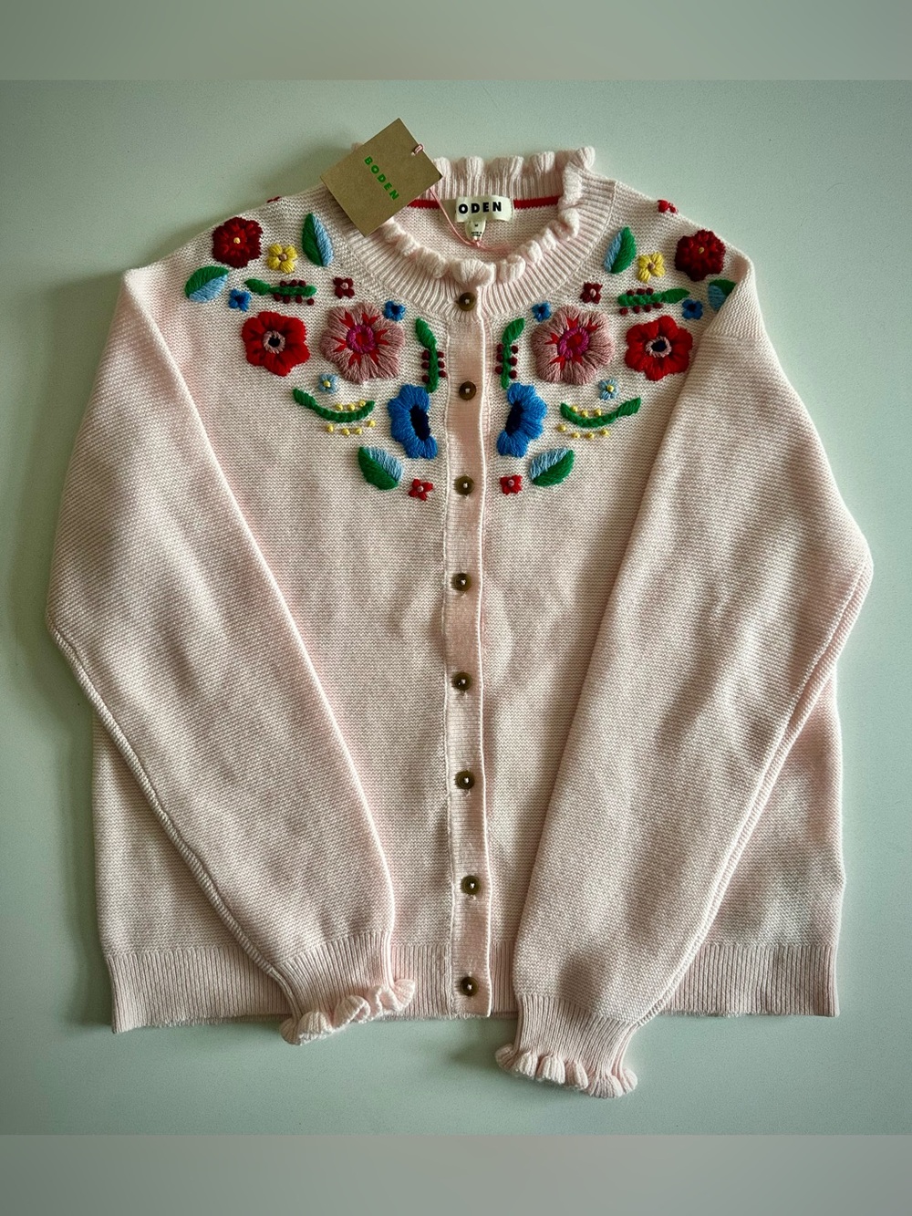 Boden Frill Neck Embroidered Pink Floral Cardigan Sweater - Medium - New w/ Tags
